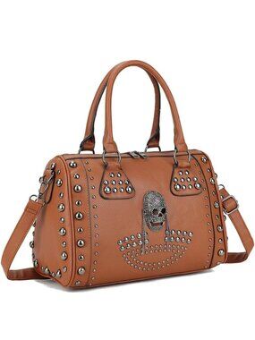 Women's Brown Skull Handbag Large Capacity Gothic Shoulder Bag Studded Zipper
